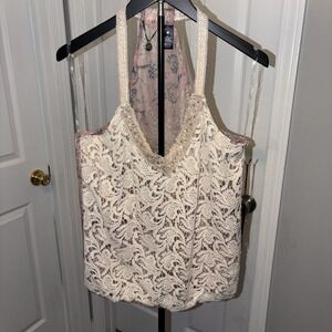 BKE Boutique Beaded Crochet Lace Tank Top - Boho Y2K Racerback Med Sheer Back